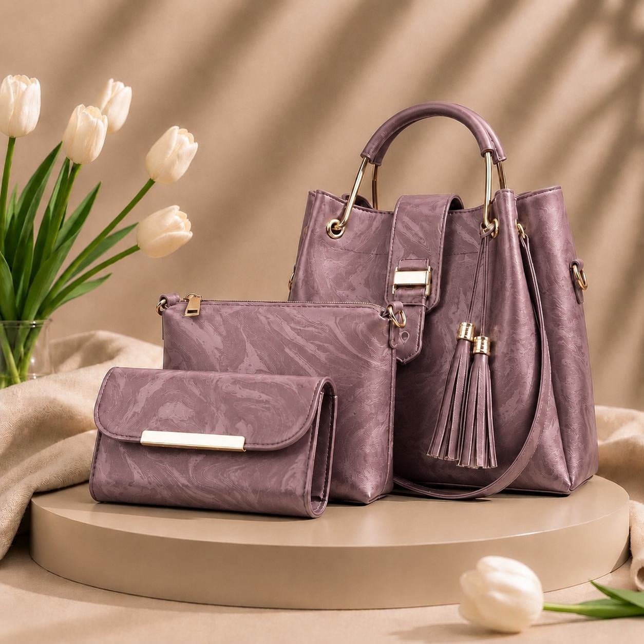 3 Pcs Luxury Women Handbag Set | Premium Leather Tote Bag with Shoulder Bag & Wallet