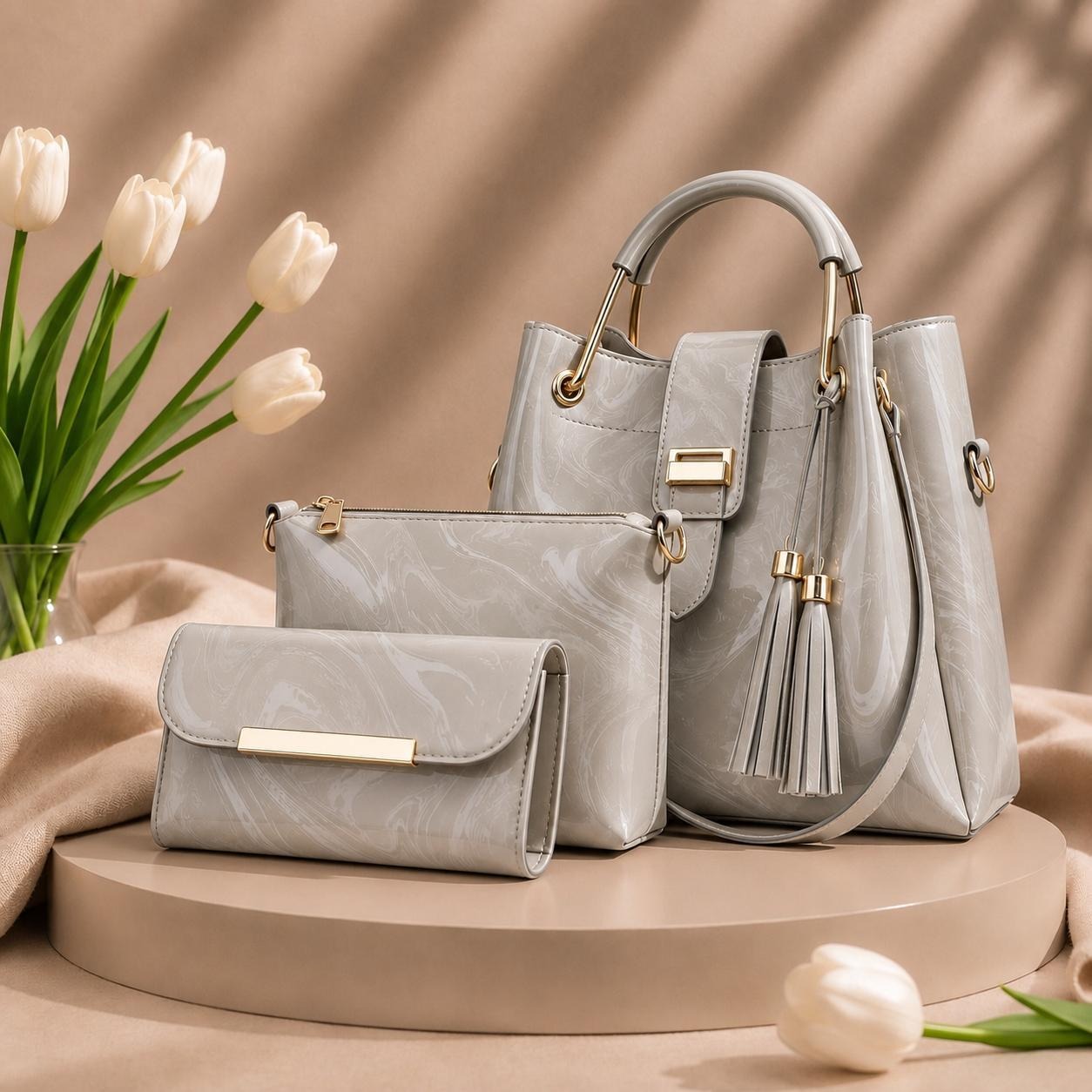 3 Pcs Luxury Women Handbag Set | Premium Leather Tote Bag with Shoulder Bag & Wallet