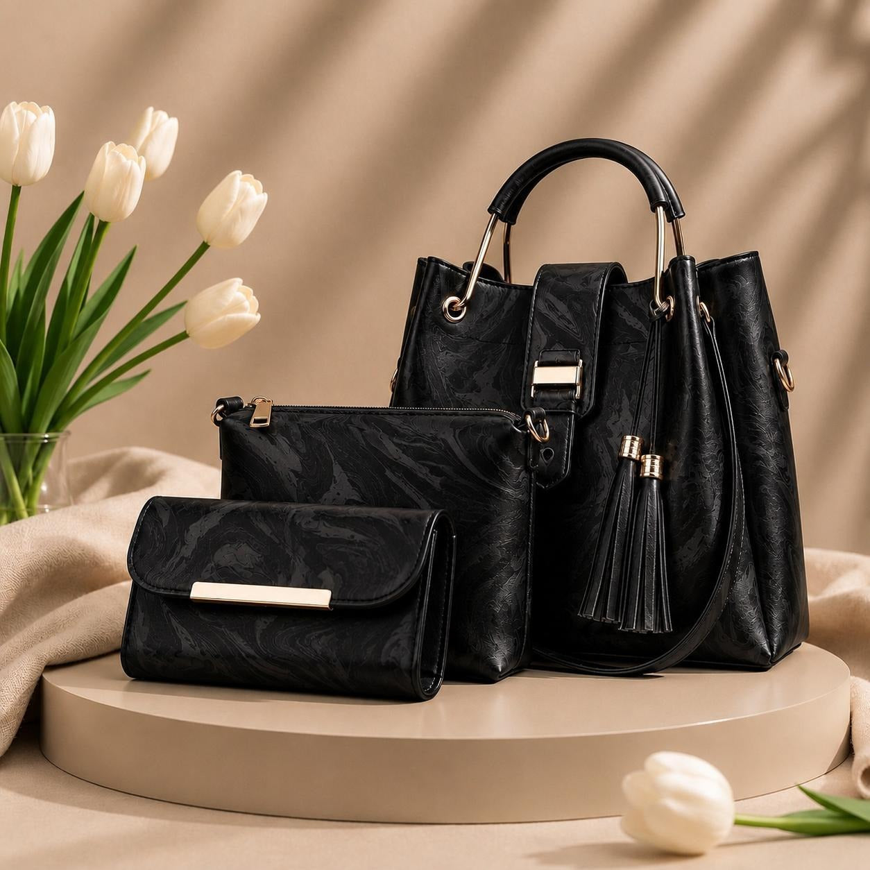 3 Pcs Luxury Women Handbag Set | Premium Leather Tote Bag with Shoulder Bag & Wallet