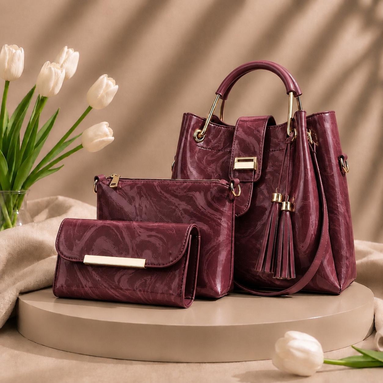 3 Pcs Luxury Women Handbag Set | Premium Leather Tote Bag with Shoulder Bag & Wallet