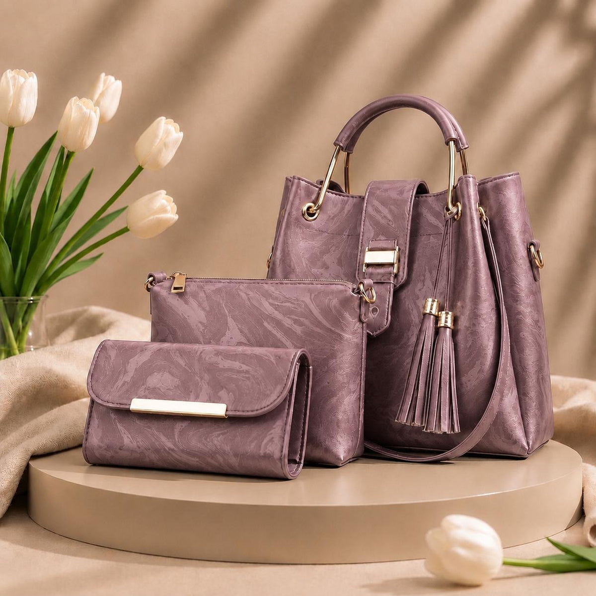 3 Pcs Luxury Women Handbag Set | Premium Leather Tote Bag with Shoulder Bag & Wallet