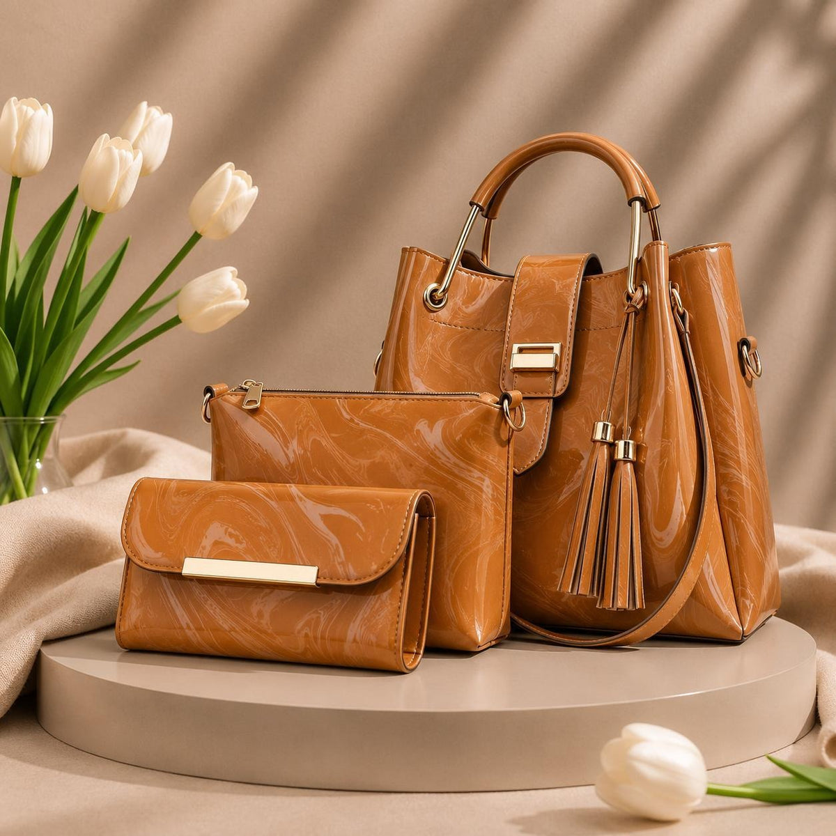 3 Pcs Luxury Women Handbag Set | Premium Leather Tote Bag with Shoulder Bag & Wallet