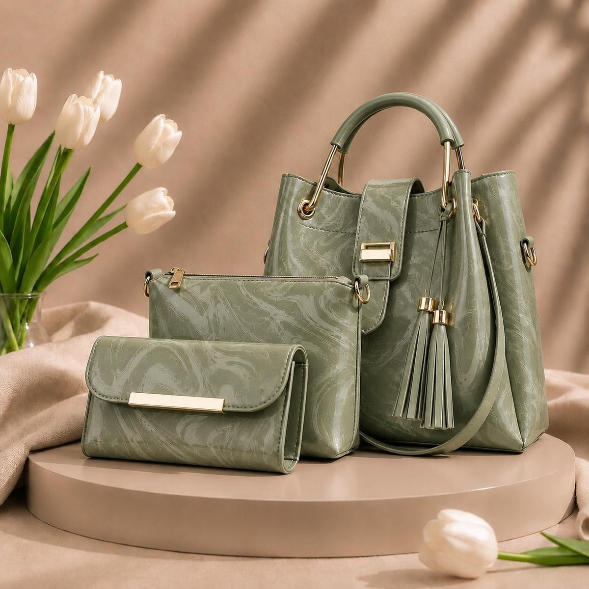 3 Pcs Luxury Women Handbag Set | Premium Leather Tote Bag with Shoulder Bag & Wallet