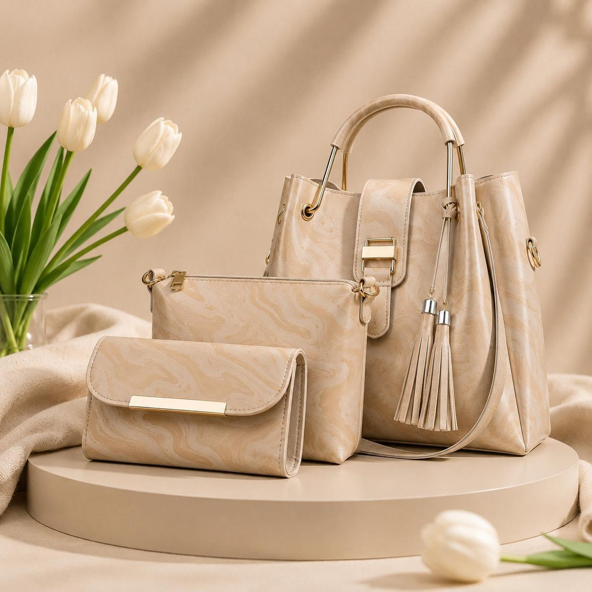 3 Pcs Luxury Women Handbag Set | Premium Leather Tote Bag with Shoulder Bag & Wallet